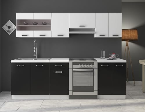 Moderner Omega Küchenblock 240 cm in Schwarz-Weiß, ideal für jede Küche.