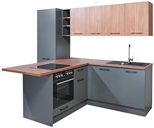 Moderne graphitfarbene Küchenzeile mit Walnuss-Arbeitsplatte und schwarzen Griffen.