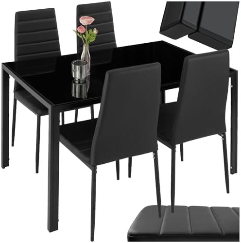 tectake Essgruppe Berlin: Modernes Esstisch-Set mit 4 schwarzen Stühlen und Sicherheitsglasplatte.